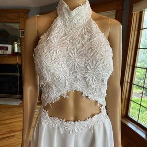 Alyce White Crepe Jumpsuit Pants Open Midriff Lace Wedding Outfit Bridal Size 14